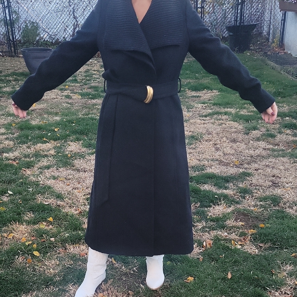 NWT WOO L BLEND Donna Karan Black Coat with Gold Accents